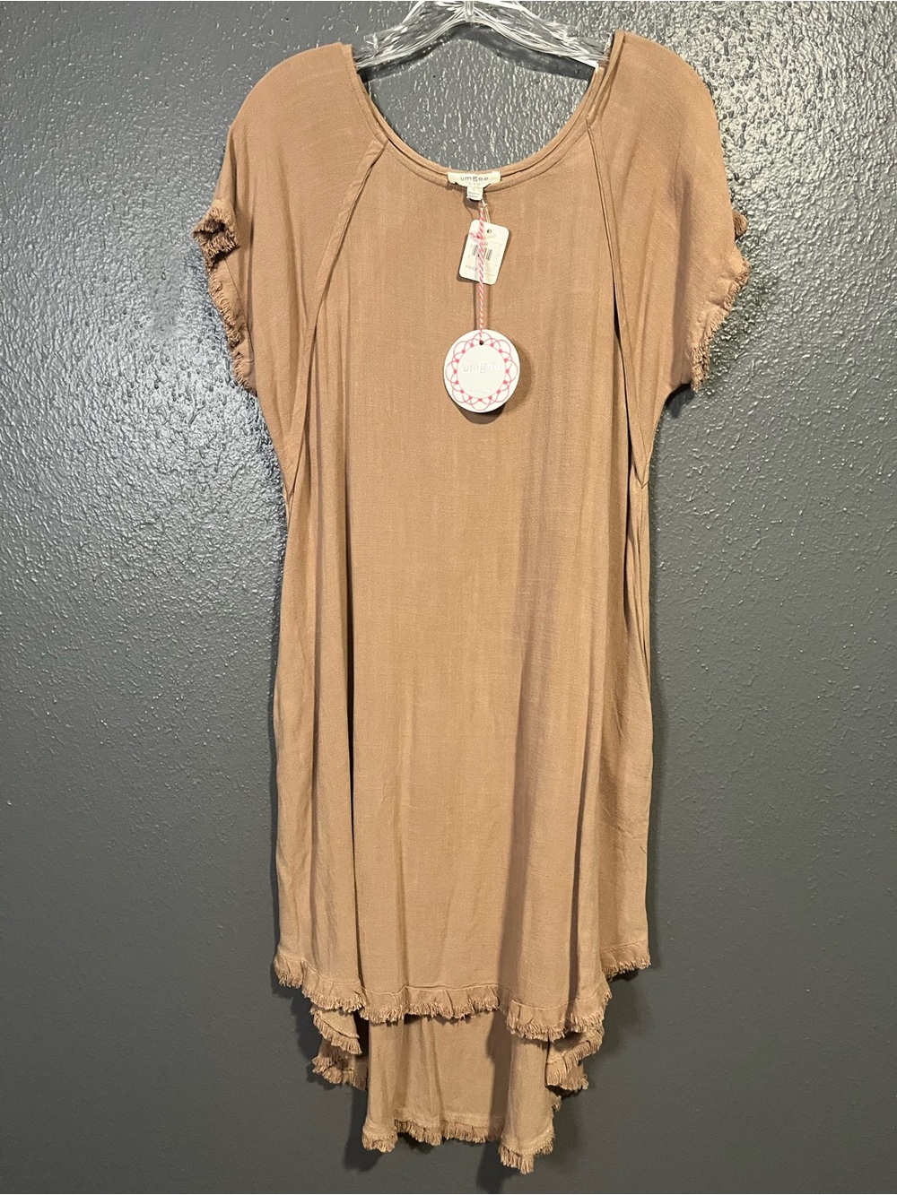 Umgee Taupe Frayed Hem Short Sleeve Dress